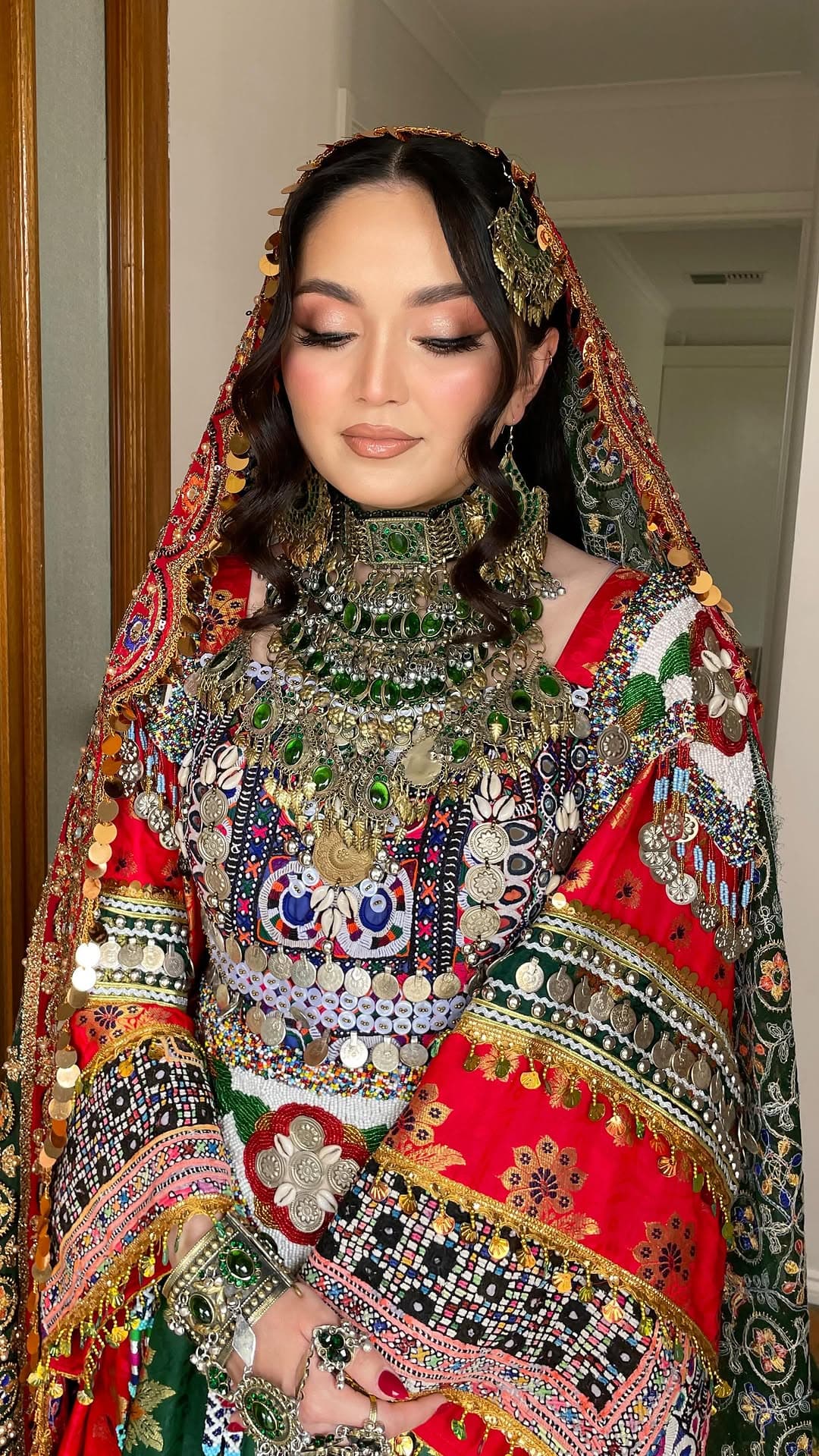 Onyx Henna Night Ensemble — Afghan bridal from Kabul Fashion Adelaide, showing shawl, dress, turtleneck.
