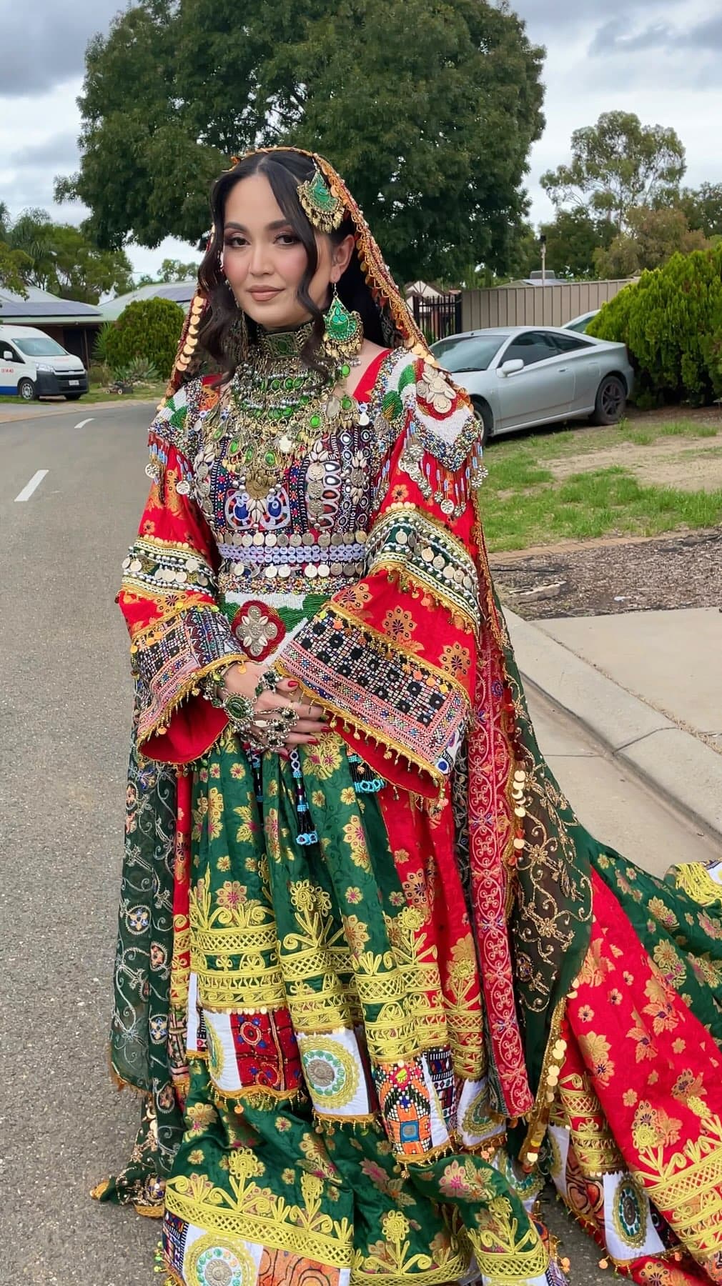 Rose Henna Night Ensemble — Afghan bridal from Kabul Fashion Adelaide, showing cloak, headdress, shawl.