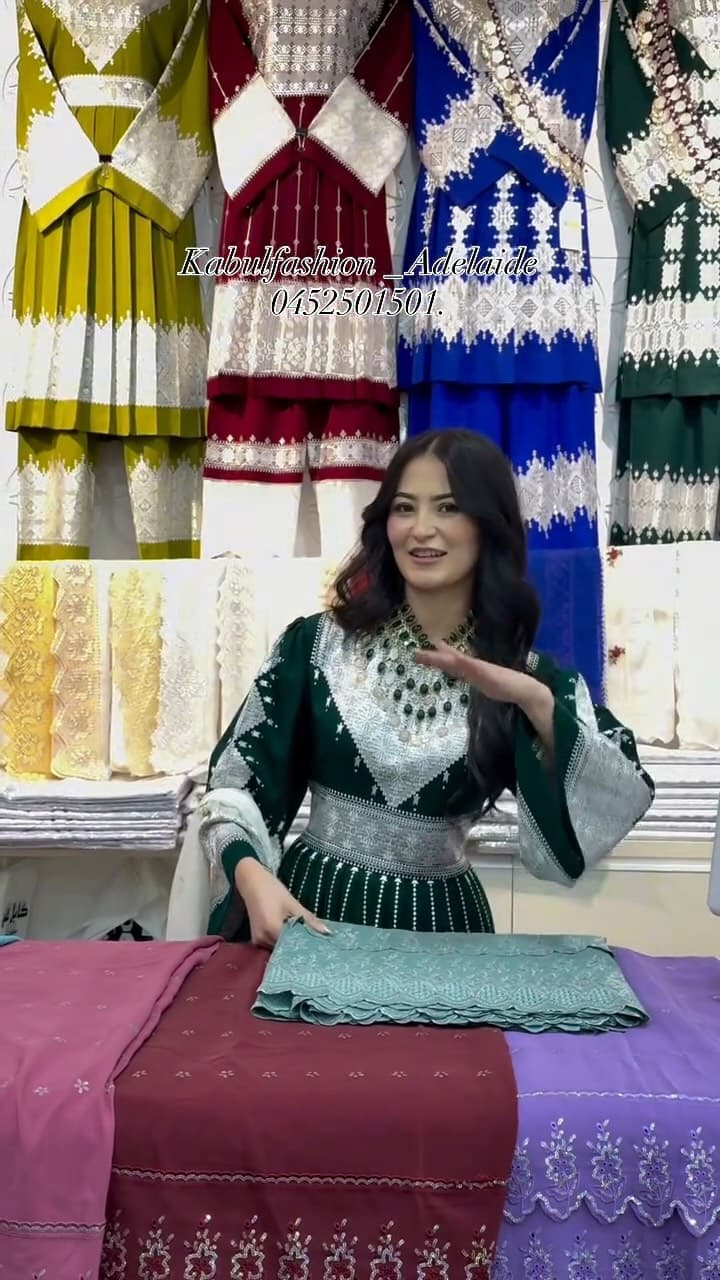 Saffron Net & Coinwork Gown — Afghan dress from Kabul Fashion Adelaide, showing net, shawl.