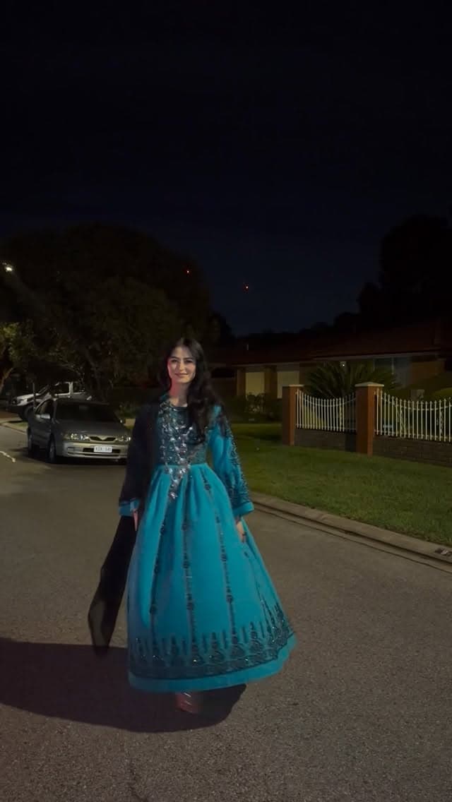 Emerald Full-Skirt Celebration Dress — Afghan dress from Kabul Fashion Melbourne, showing dress, gown.