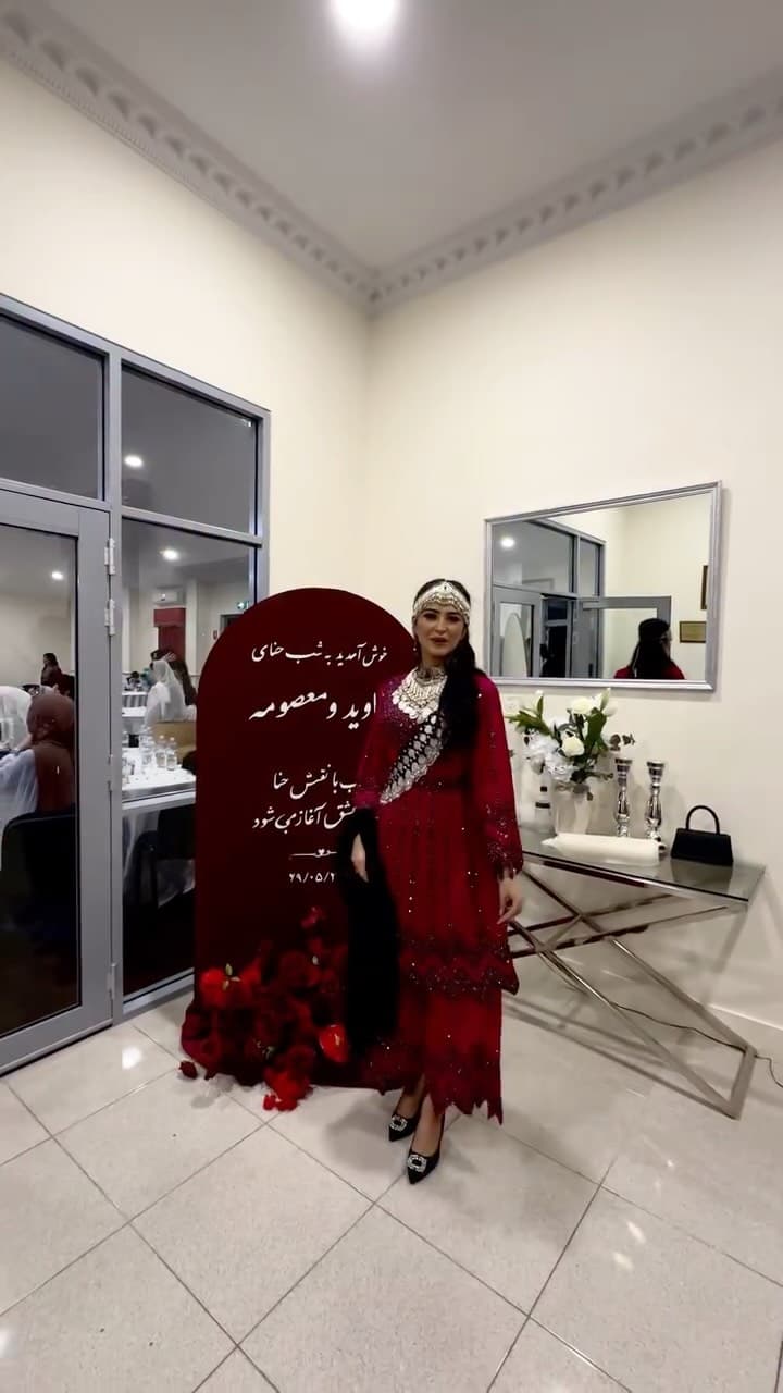 Pearl Silk-Panel Formal Dress — Afghan dress from Kabul Fashion Adelaide, showing headscarf, shawl, head covering, dress.