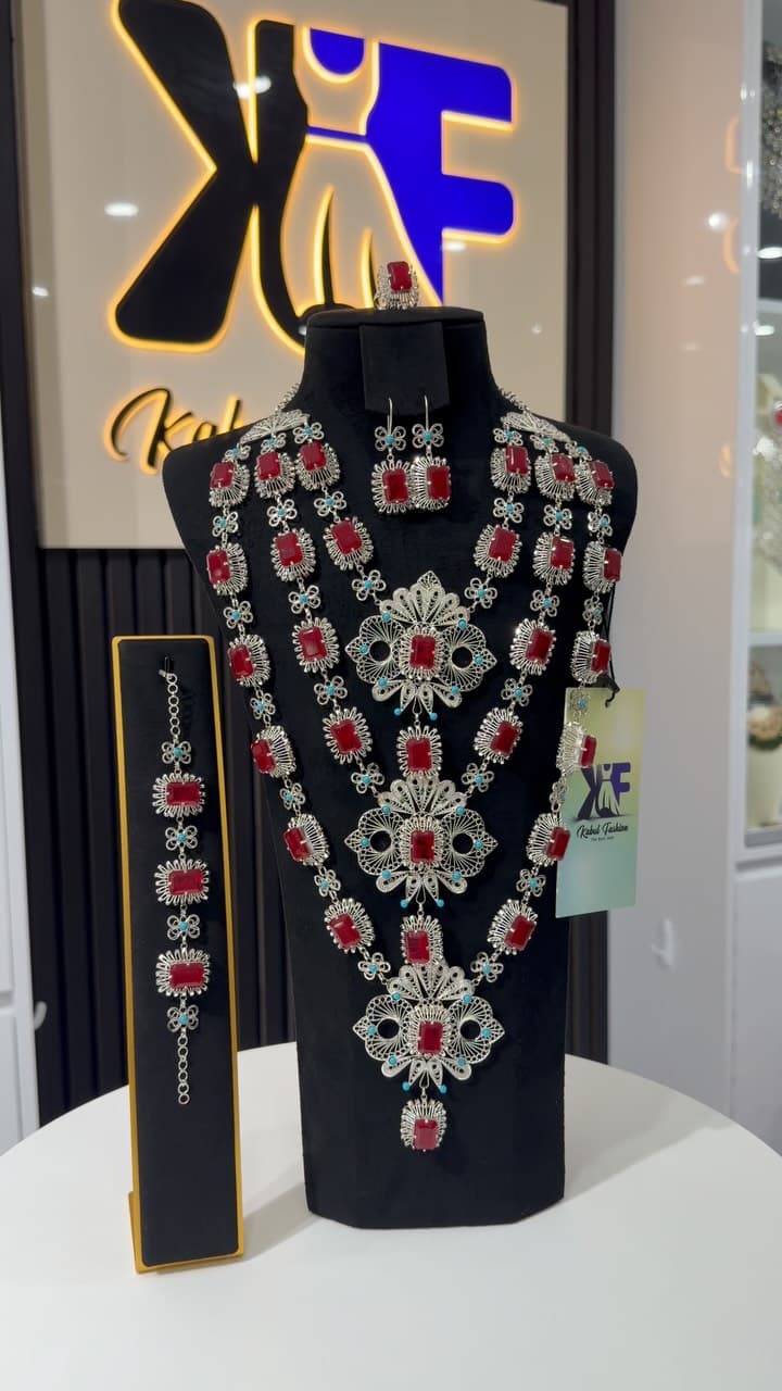 Onyx Silk-Panel Formal Dress — Afghan dress from Kabul Fashion Melbourne, showing necklace.